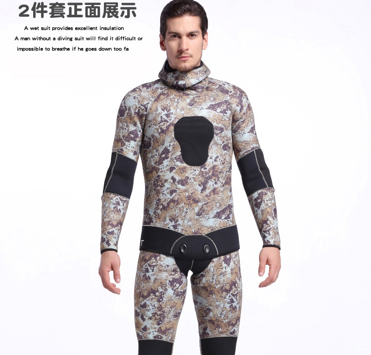 2 Piece Mens 5mm Camo Wetsuits With Hood For Diving Snorkeling Swimming