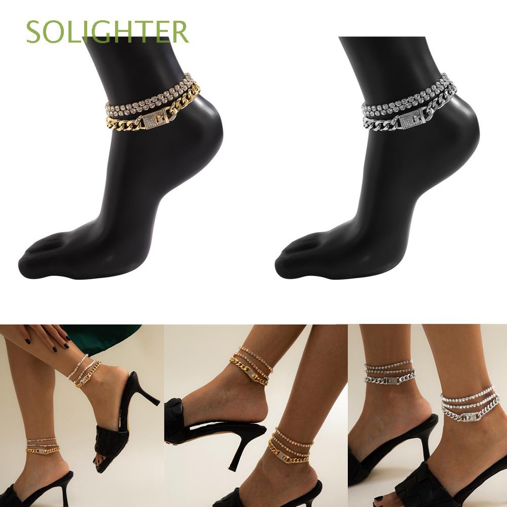 SOLIGHTER 3Pcs Set Hip Hop Rhinestone Chain Anklet Curb Crystal Summer