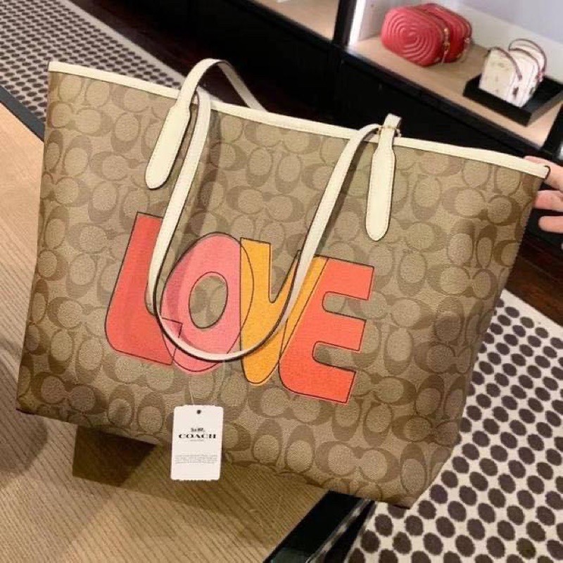 New Coach City Tote In Signature Canvas With Love Print