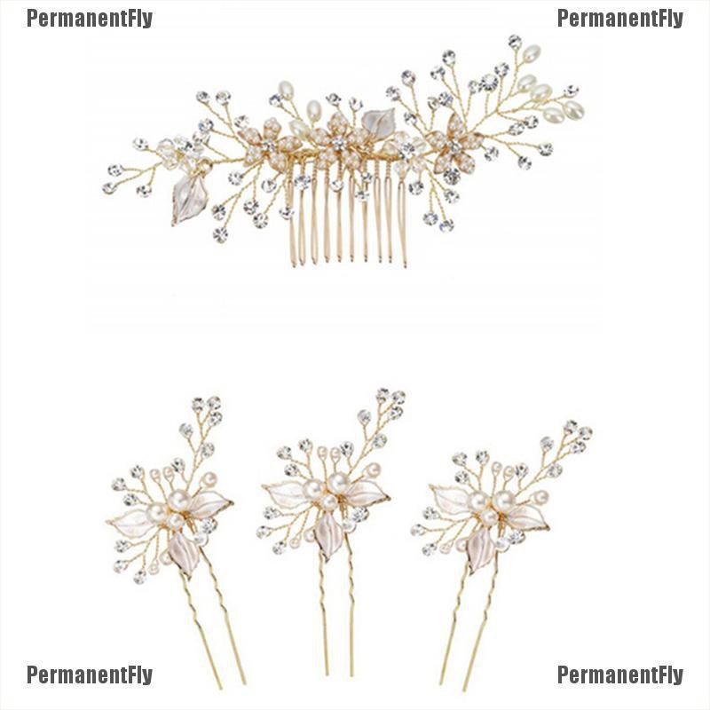 PermanentFly Women Gold Rhinestone Pearl Hair Comb Hair Clip Bridal