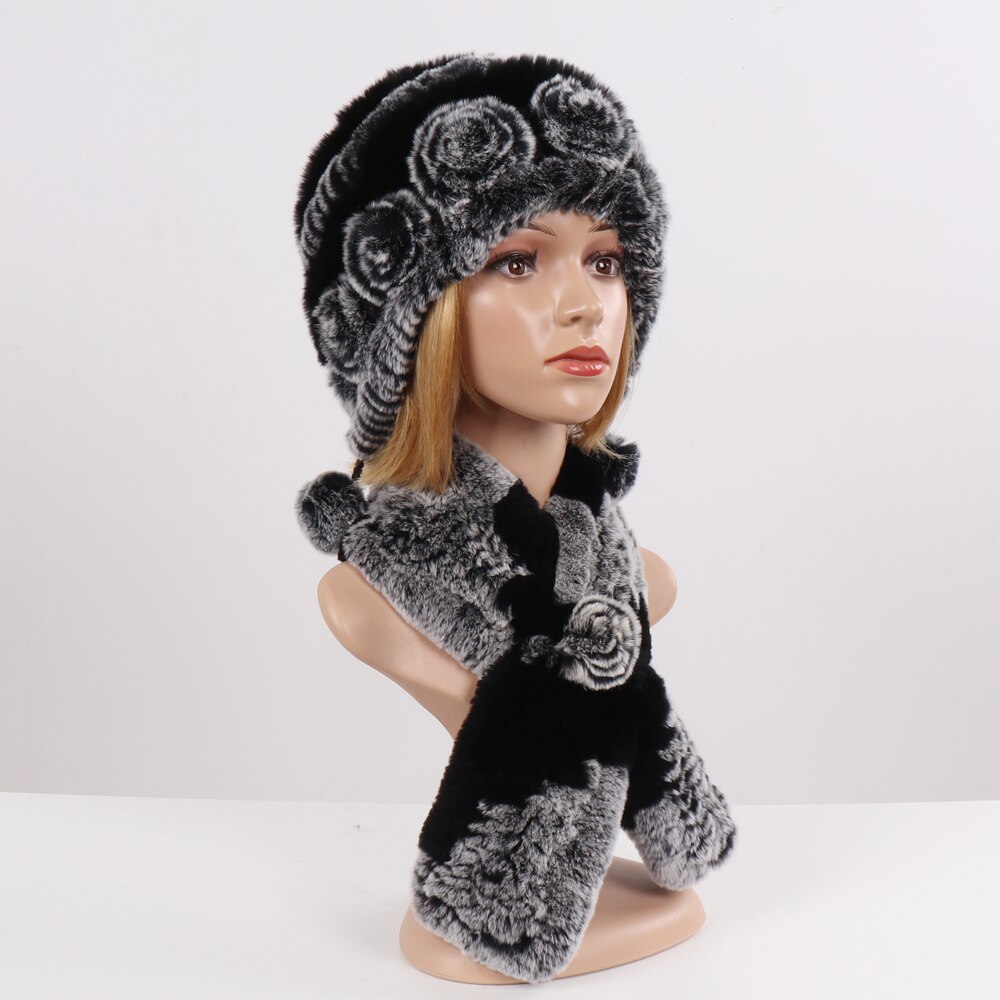 2 Pieces Sets Knit Real Rex Rabbit Fur Hat Scarf Women Winter Rex