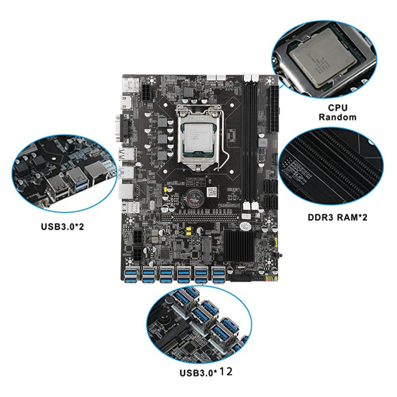 B75 12XPCIE USB3 0 LGA1155 DDR3 BTC โมโตการดขดเหมอง พรอม CPU2X4G