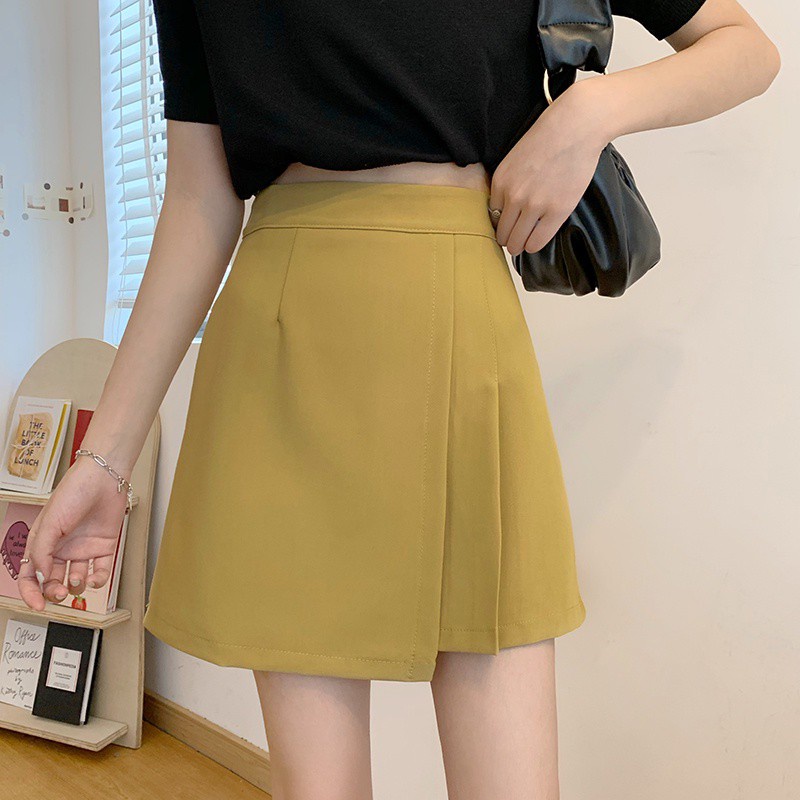 Korean Style Fashion Slim Solid Color Bag Hip High Waist Pleated Skirt