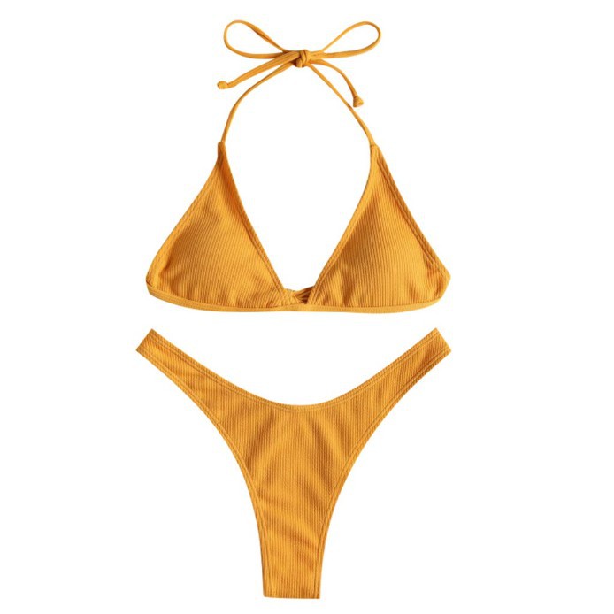 Women Sexy Solid Push Up Bikini High Cut Lace Up Halter Bikini Set Two