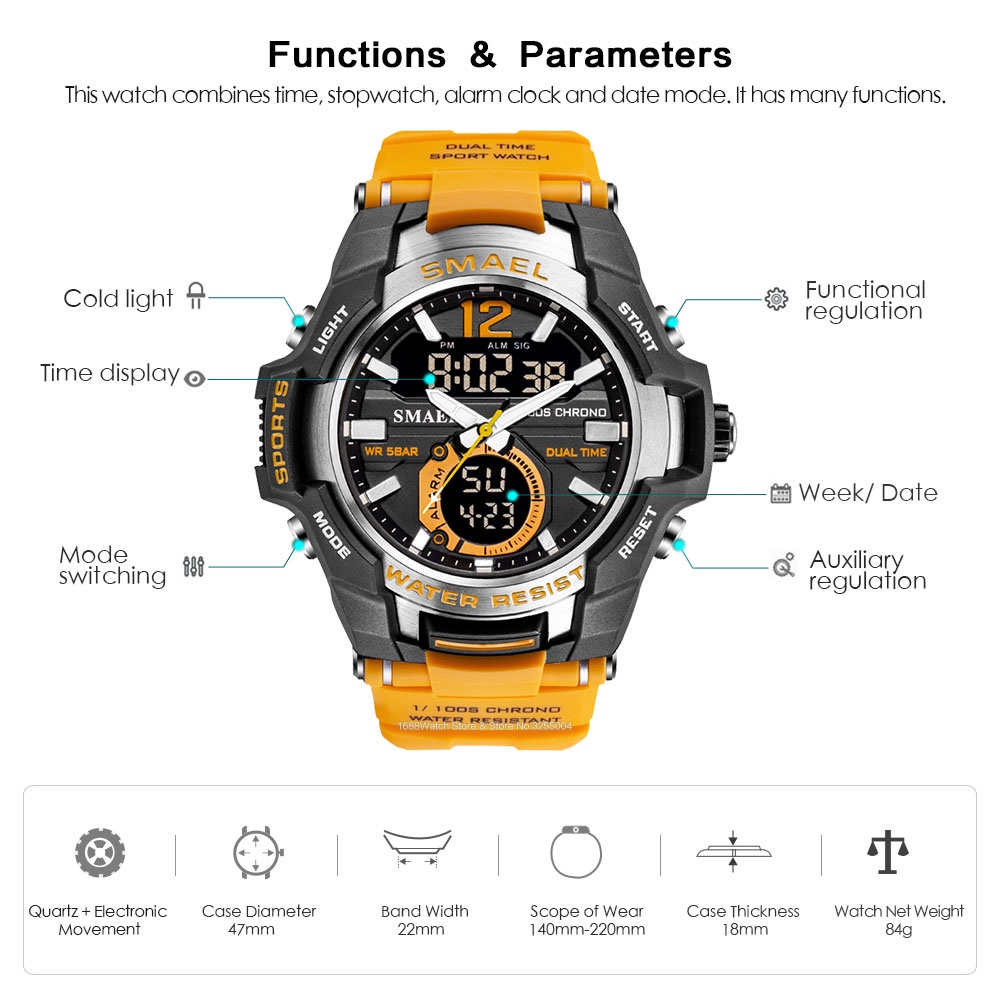 SMAEL Dual Time Army Sport Watch For Men Luminous Waterproof Quart