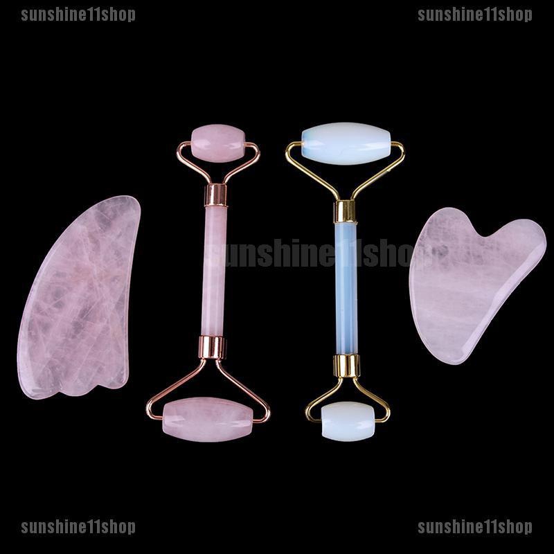 SSH Natural Pink Rose Quartz Crystal Stone Gua Sha Roller Face Neck