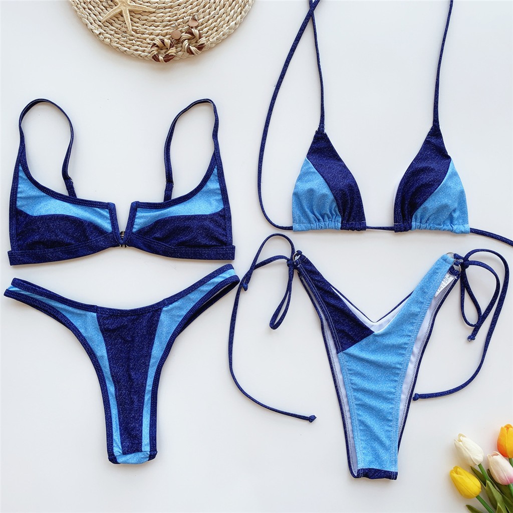 Polerclewomen Tow Piece Swimsuit Patchwork Deep V Solid Bikini Set