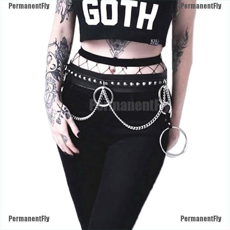 Permanentfly Punk Faux Leather Belt Metal Chain Ring Waist Strap Dance