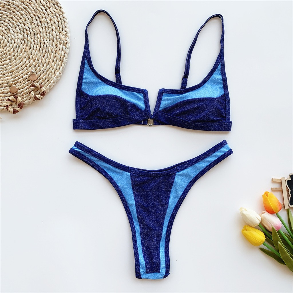 Polerclewomen Tow Piece Swimsuit Patchwork Deep V Solid Bikini Set