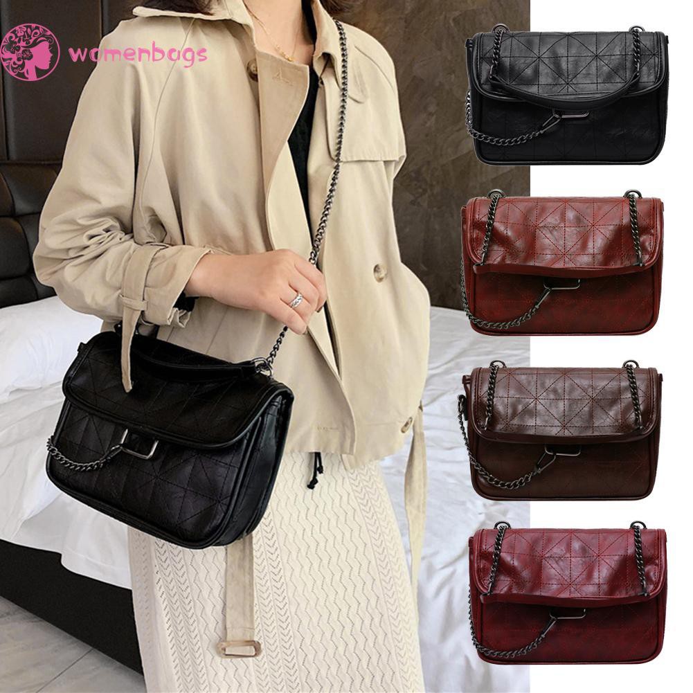 Wb Retro Crossbody Handbag Women Solid Pu Leather Chain Shoulder