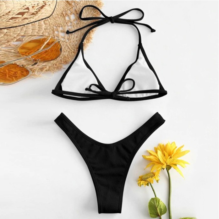 Women Sexy Solid Push Up Bikini High Cut Lace Up Halter Bikini Set Two