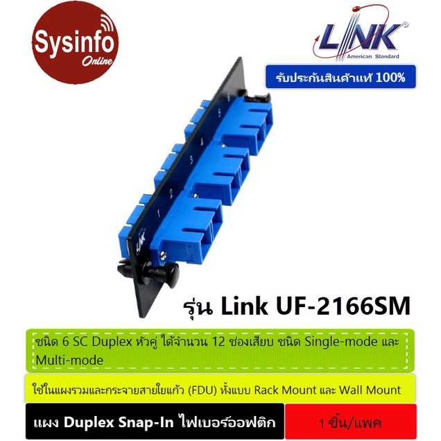 แผง Snap In ไฟเบอรออฟตก Link UF 2166SM Fiber Optic 3 SC Duplex Snap