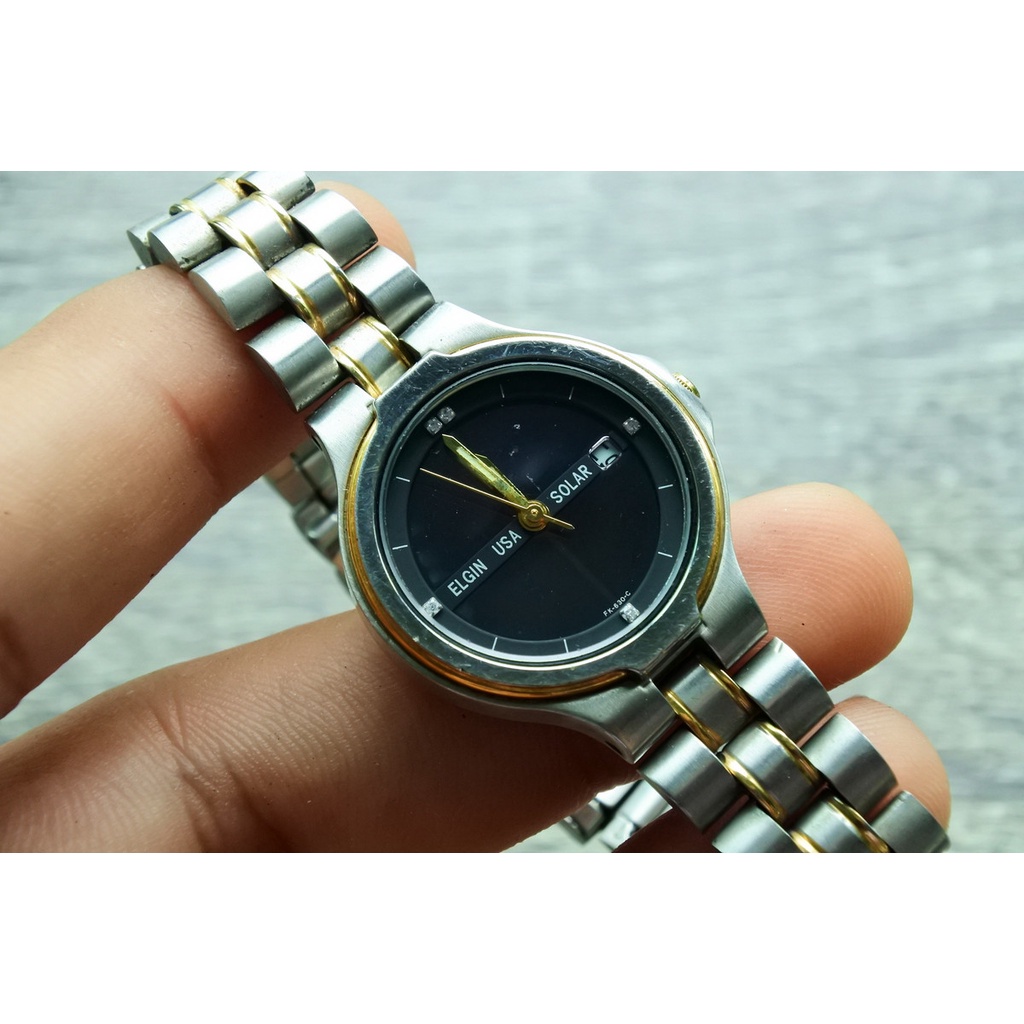 นาฬิกา Vintage มือสองญี่ปุ่น ELGIN USAระบบSOLAR ผู้หญิง ทรงกลม กรอบเงิน หน้าดำ หน้าปัด 28mm
