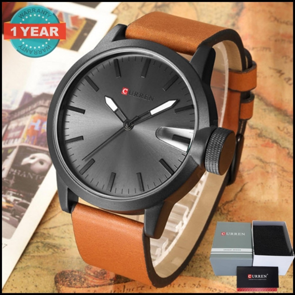Curren นาฬิกาข้อมือผู้ชาย รุ่น C8208 สายหนังสีน้ำตาล หน้าปัดสีเทา|ขอบดำ