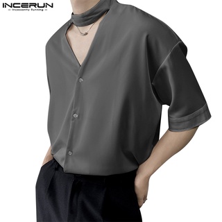 Incerun เสื้อเชิ้ตแขนสั้น ผ้าไหม ติดกระดุม ใส่สบาย สีพื้น สําหรับผู้ชาย S-5XL