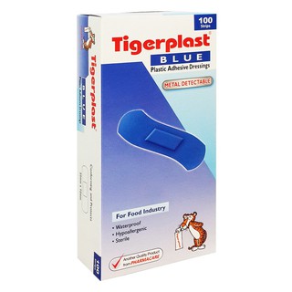 TIGERPLAST BLUE PLASTER กล่อง100 ชิ้น (1กล่อง) พลาสเตอร์แบบตรวจจับโลหะ  เหมาะสำหรับใช้ในอุตสาหกรรมอาหาร, เชฟ