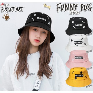 Bucket Hat หมวกบักเก็ต ปักลาย กระดูกกับรอยเท้า น้องหมาพันธุ์ปั๊ก Pug หมวกปีกรอบ IDENGO