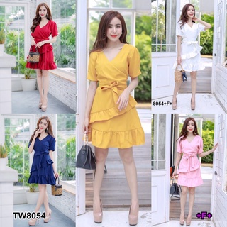 8054 Dress เดรส คอวี แต่งระบาย V-neck ruffled dress