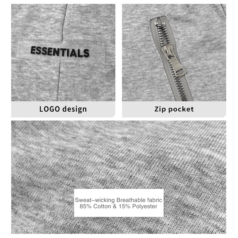 Essentials กางเกงกีฬา ขาสั้น ผู้ชาย ผ้าฝ้าย ใส่สบาย กางเกงลําลอง พร้อมกระเป๋าซิป