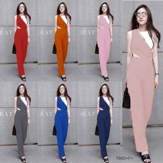 PP7665 Jumpsuit ชุดจั้มสูทแขนกู๊ดขายาว แต่งด้านบนเป็นโทน 2 สี