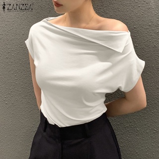 Zanzea เสื้อท็อปส์ แขนสั้น คอเดียว ทรงไม่สมมาตร สีพื้น แฟชั่นหรูหรา สําหรับผู้หญิง