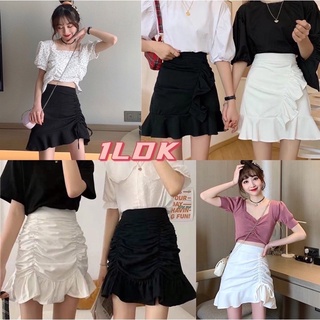 1LDK🌈พร้อมส่ง🌈กระโปรแฟชั่นผู้หญิง เอวสม๊อค กระโปรงฟรุ้งฟริ้งสายเกาหลี(888)