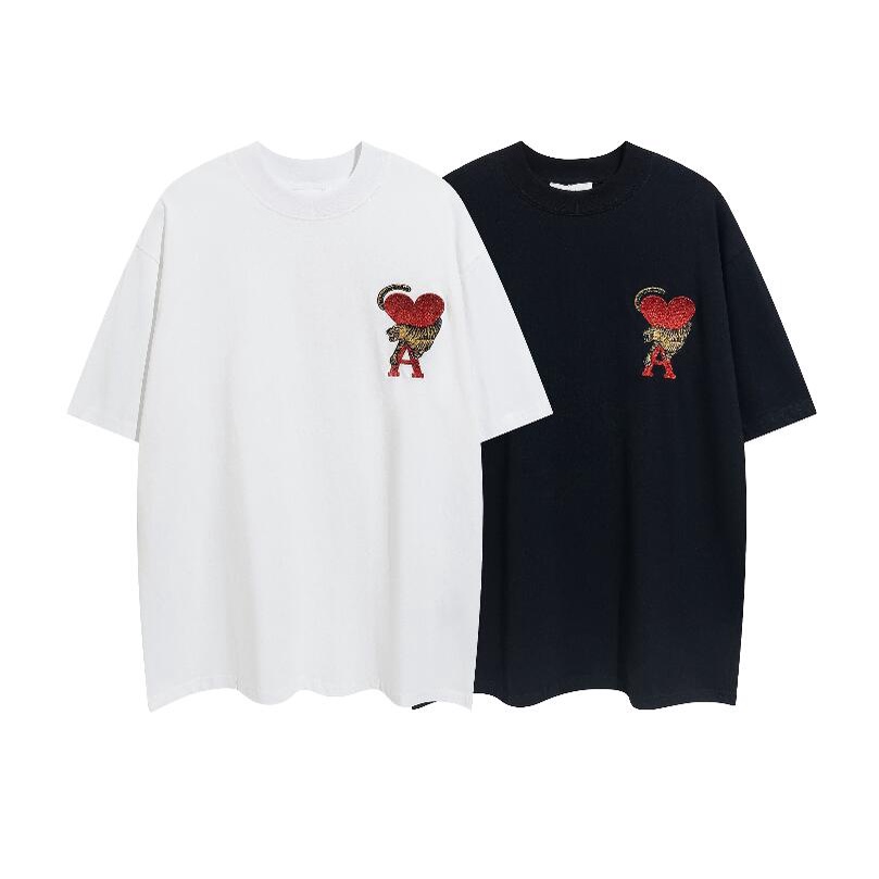 [พร้อมส่ง] Ami เสื้อยืดแขนสั้นลําลอง ผ้าฝ้ายแท้ ปักลายเสือหัวใจ ทรงหลวม แฟชั่นคู่รัก S-5XL