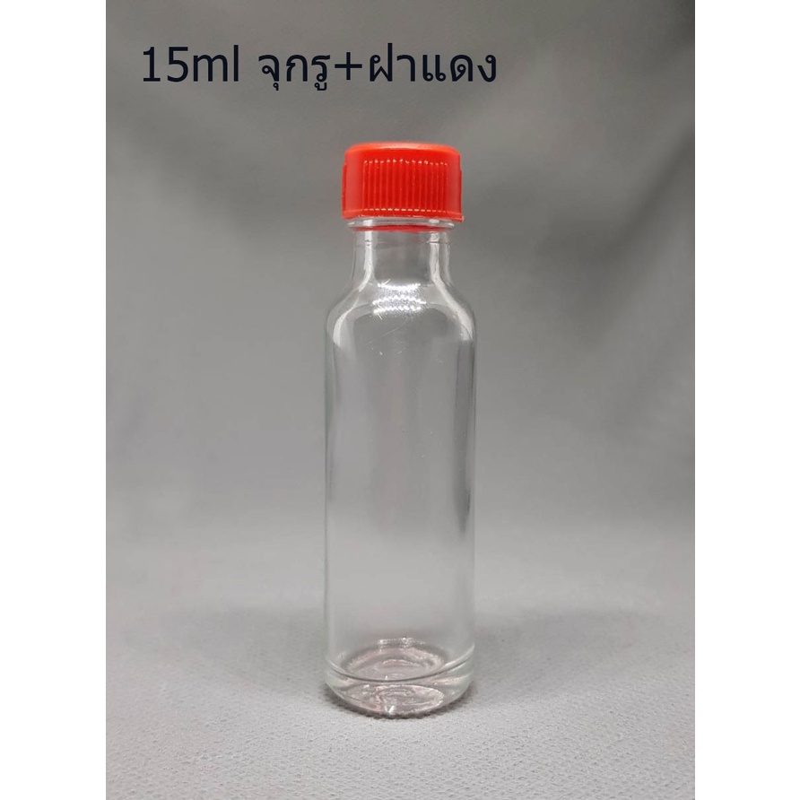 ขวด 15 มล.(100 ใบ) แก้ว กลม ใส + จุก มีรู+ ฝา 14 มม.(GW.=3.500 Kg.)