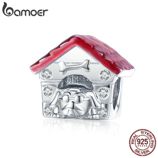 Bamoer 925 Sterling Silver Red House for Pet Enamel Charm for Original Silver Snake Bracelet DIY Accessories BSC286