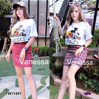 11491 Set 2 ชิ้น เสื้อยืแขนสั้นสรีนการ์ตูน + กระโปรงสั้นลายสก็อต