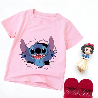 เสื้อยืดคอกลม แขนสั้น ลายการ์ตูน Lilo &amp; Stitch สีชมพู แฟชั่นฤดูร้อน สําหรับเด็กผู้หญิง