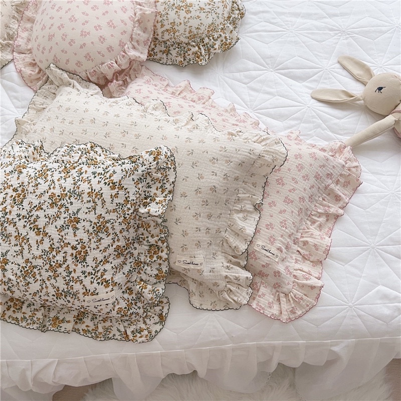 ปลอกหมอนผ้าฝ้ายพรีเมี่ยมลายเดซี่แต่งขอบระบาย daisy pillow case