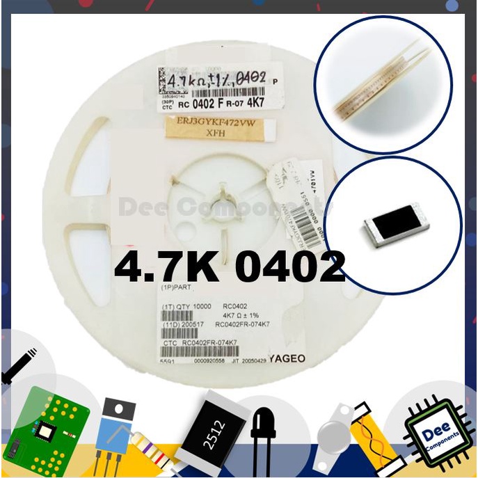 4.7K Ohm 0402 ±1% 62.5 mW ±100ppm/°C RC0402FR-074K7L RALEC 1-A3-25 (ขายยกแพ็ค 1 แพ็ค มี 100 ชิ้น)