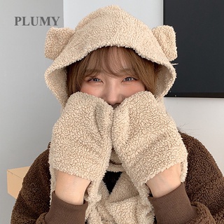 Plumy 3-in-1 หมวกผ้าพันคอ ผ้ากํามะหยี่ขนนิ่ม ลายหมีน่ารัก กันลม ให้ความอบอุ่น สําหรับฤดูหนาว