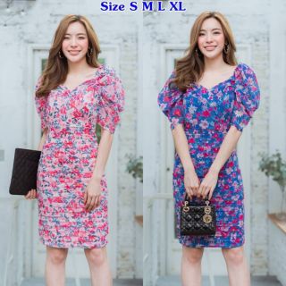 มี 2 สี 💕 เดรสลายดอก แขนสั้นพอง ✨ MB9019