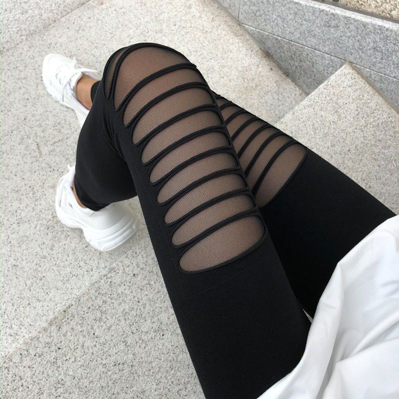 กางเกงกางเกงขายาว Slimmer ดูกางเกงผอมตาข่ายกางเกงขายาวผู้หญิงบางสไตล์สวมใส่ด้านนอกข้อเท้ายาว Ripped 