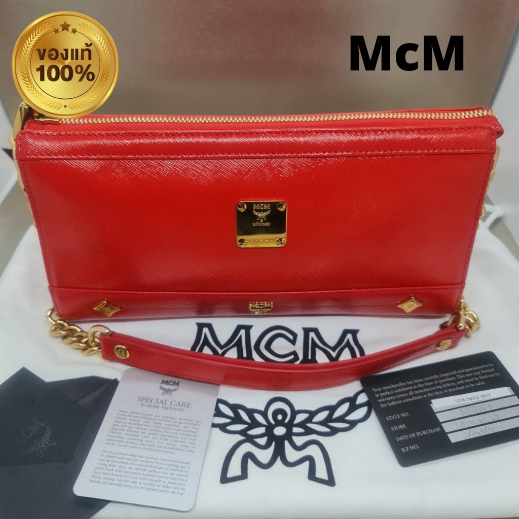MCM กระเป๋าแบรนด์เนมมือสอง Like Newของแท้สะพายข้างหนังสีแดงพร้อมอุปกรณ์การ์ด ถุงผ้า อะไหล่สีทองสวย สายถอดเป็นคลัทช์ได้