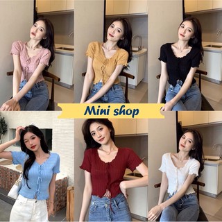 Mini Shop🌸 พร้อมส่ง(323) เสื้อไหมพรมแขนสั้น ผูกเชือกด้านหน้า