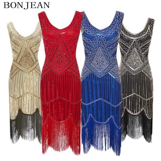 ชุดเดรสปาร์ตี้เลื่อมผู้หญิง   Women Vintage 1920s Bead Fringe Sequin Embellished Party Dress