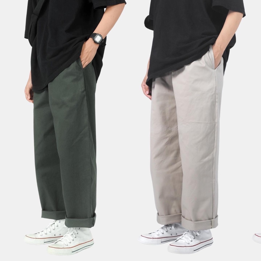 🔥[ ส่งฟรี ] กางเกงขายาวทรง กระบอกใหญ่ Baggy Pants สีกากี