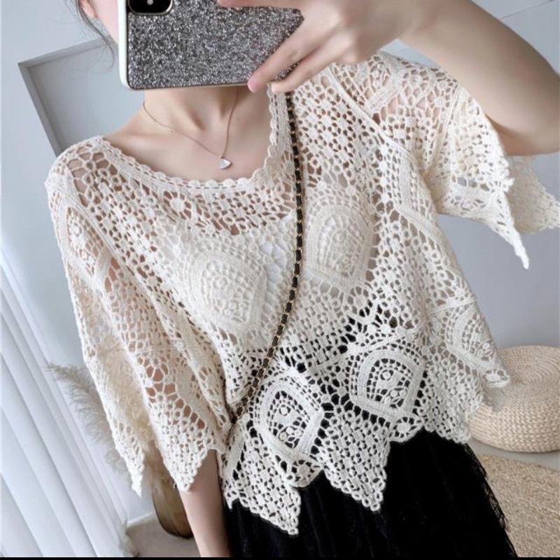 MDLV ~ M35D110 Summer Crochet Asym Top