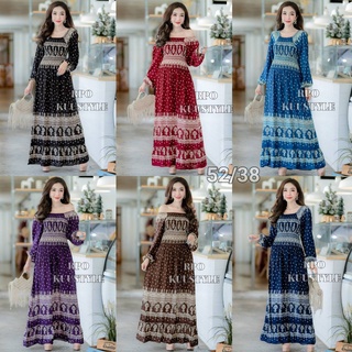 #52/38 Maxi dress bigsize แมกซี่เดรสลายมงกุฏใส่ได้สองแบบ แขนยาวคอปาดใส่ยางดึงสม้อคใส่ได้สองแบบ