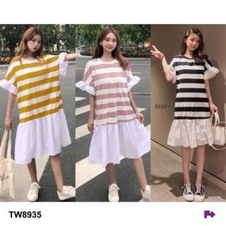 PE8935 Dress ชุดเดรสทรงโอแเวอร์ไซส์ คอกลม #แขนระบาย ลายริ้วผ้าคอตตอน ลายริ้วใหญ่ แต่งชายระบาย