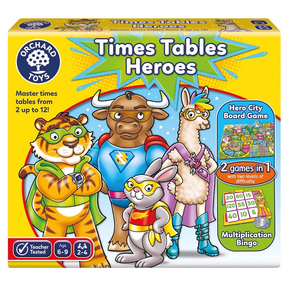 ORCHARD TOYS, Time Tables Heros บอร์ดเกมเด็ก เสริมทักษะการคูณ ผ่านการสวมบทซุปเปอร์ฮีโร่ สำหรับ 6-9ปี