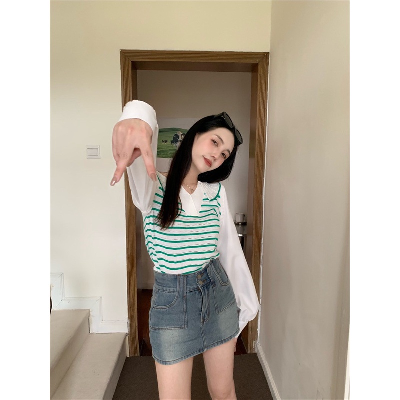 Elves✨พร้อมส่ง✨ เสื้อไหมพรมคอปกแขนยาวชีฟอง ดีเทลลายทางน่ารักคิ้วมาก ~50055-1~