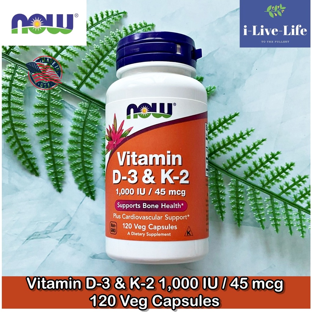 วิตามินดี 3 Vitamin D3 & K2 (MK-4) 1,000 IU 45 mcg Plus C 3 mg 120 Veg Capsules - Now Foods Kosher #