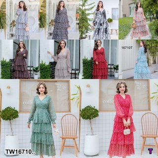 MM16710 แมกซี่เดรส คอวี แขนยาว ระบายชั้น Maxi dress, V-neck, long sleeves, ruffled..