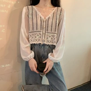 ส่งทันที Ciciเสื้อแขนยาวไหมพรมถักแต่งลายฉลุซีทรูดอกไม้​ สีโทนอุ่น​สีพื้น(A11)