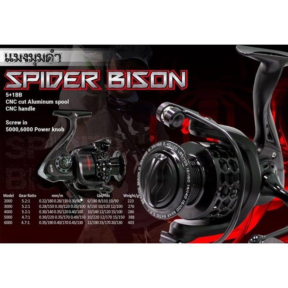 รอกสปินนิ่ง.Spider bison​ เเมงมุมดำ​ สปูนเจาะรู​ น้ำหนักเบา​ งานตกสปิ๋วเหยื่อปลอม​เบอร์1000