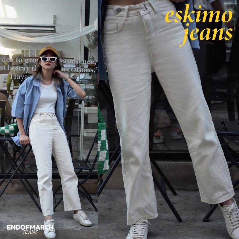 ENDOFMARCH | ESKIMO JEANS ❄️ กางเกงยีนส์สีครีม ดีเทลกระดุม ขาเต่อ